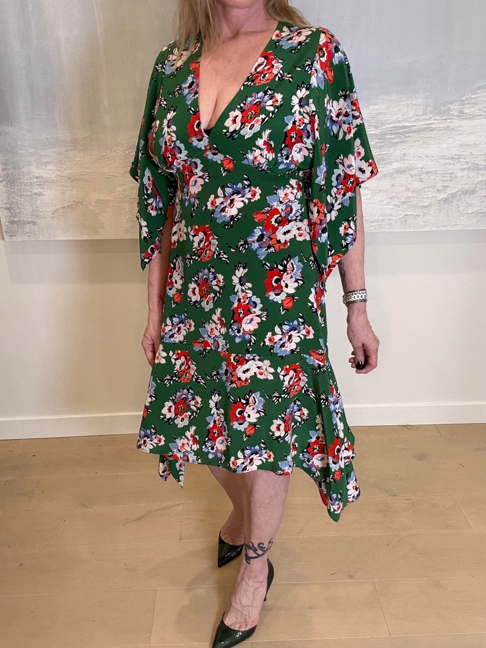 MSGM Green Floral V-Neck Midi Dress with Red & White Blooms